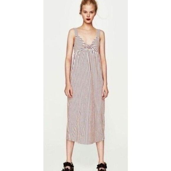 Zara Burgundy & Cream Striped Midi Dress Women's Medium Empire‎ Waist Shift - Picture 1 of 10